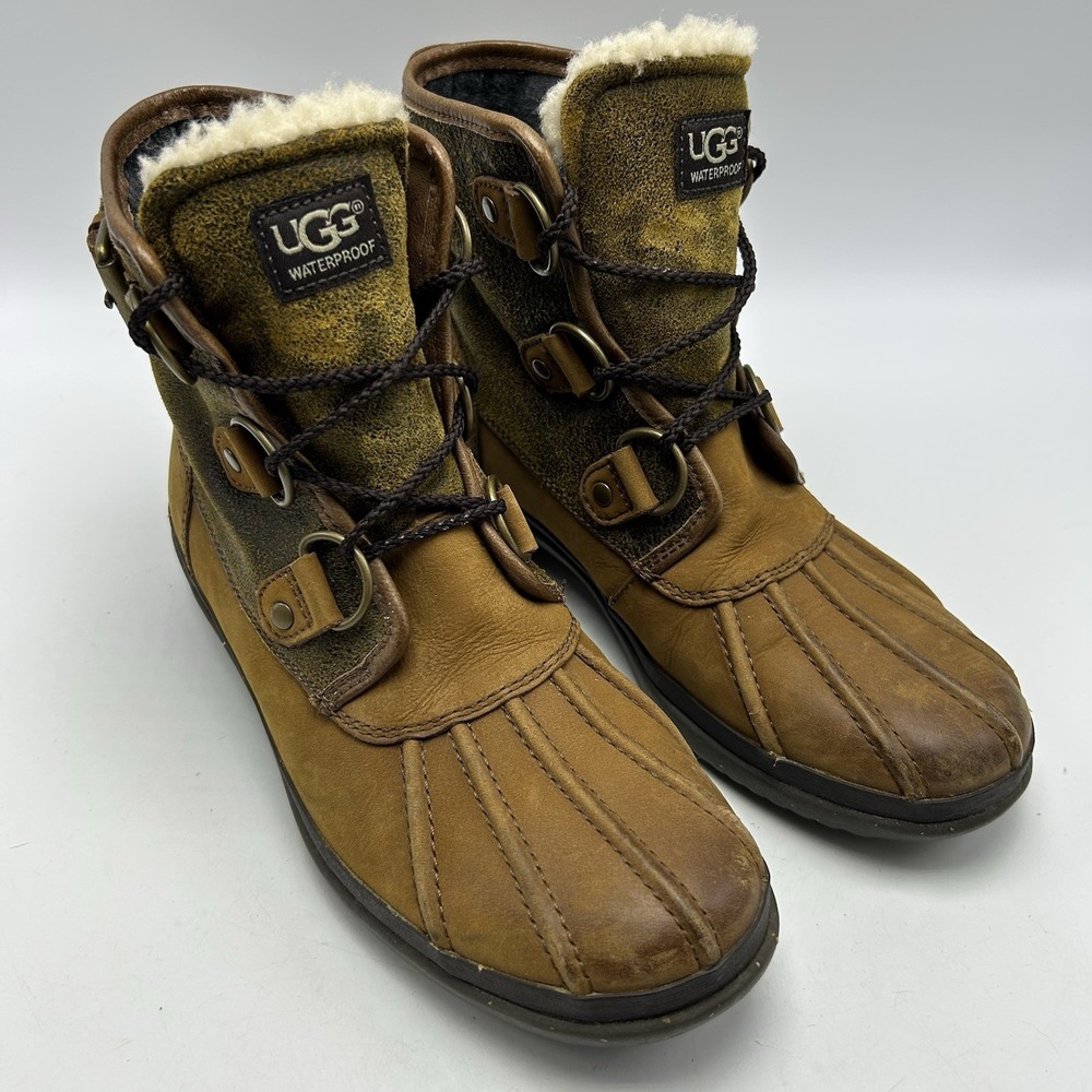 UGG Womens 5.5 Cecile Waterproof Leather Ankle Duck Winter Boots Brown 1007999